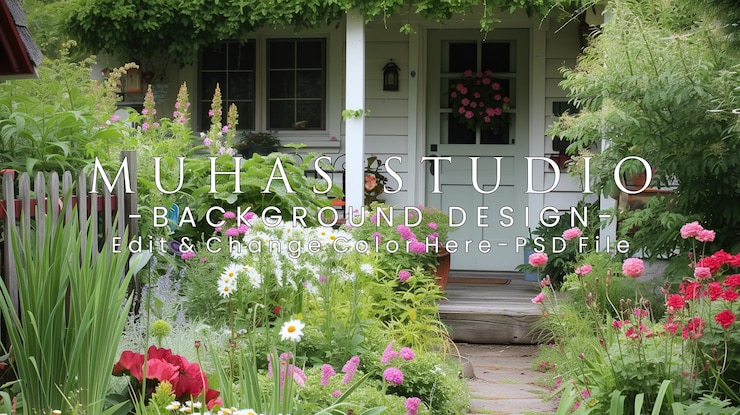 PSD cottage de campagne avec un beau jardin de fleurs