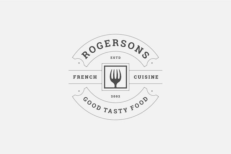 PSD cottura a forchetta quadrata con confine geometrico curvo nastro modello di design del logo del ristorante premium