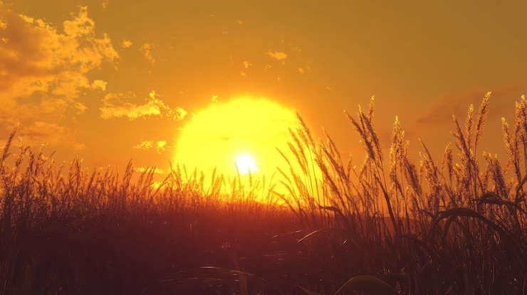 PSD un coucher de soleil doré sur un champ d'herbe haute