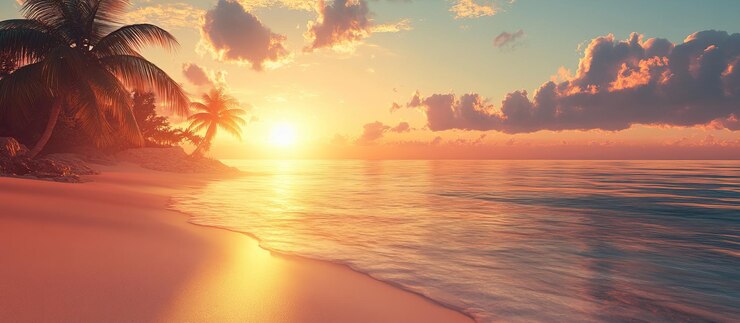 PSD le coucher de soleil doré sur une plage tropicale