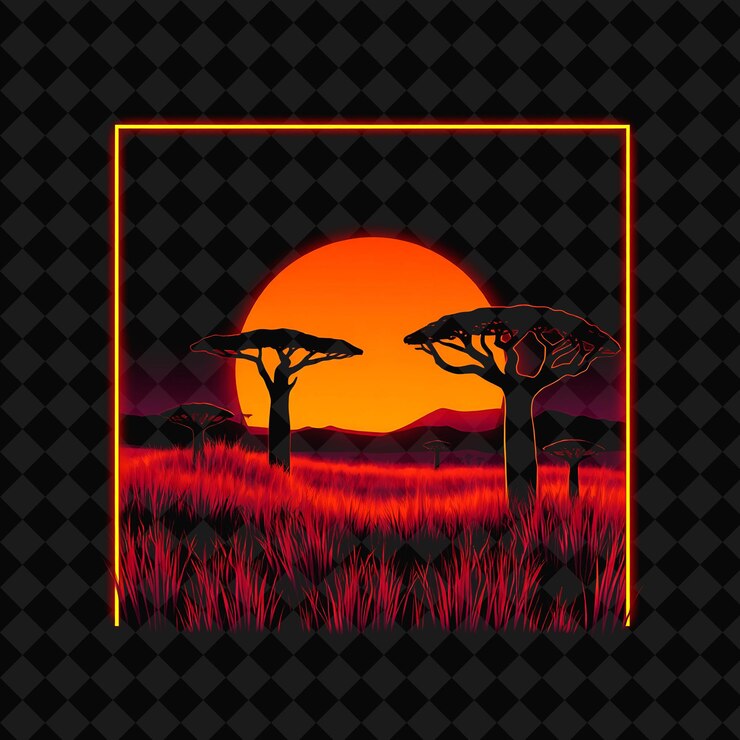 PSD le coucher de soleil éblouissant de la savane au néon à l'intérieur d'une silhouette du paysage carré a de la haute herbe et des baobabs g