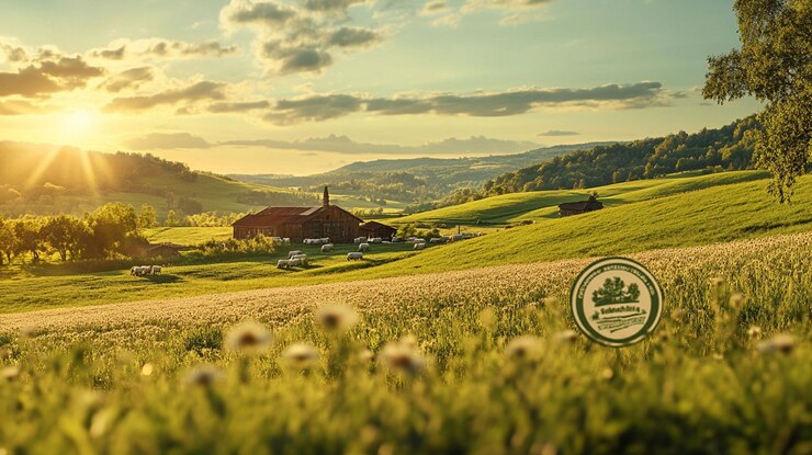 PSD un coucher de soleil idyllique sur une ferme pastorale avec des animaux qui paissent dans une vallée verdoyante