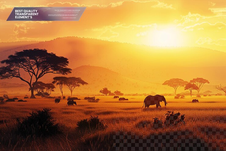 PSD un coucher de soleil pittoresque sur la savane africaine sur un fond transparent