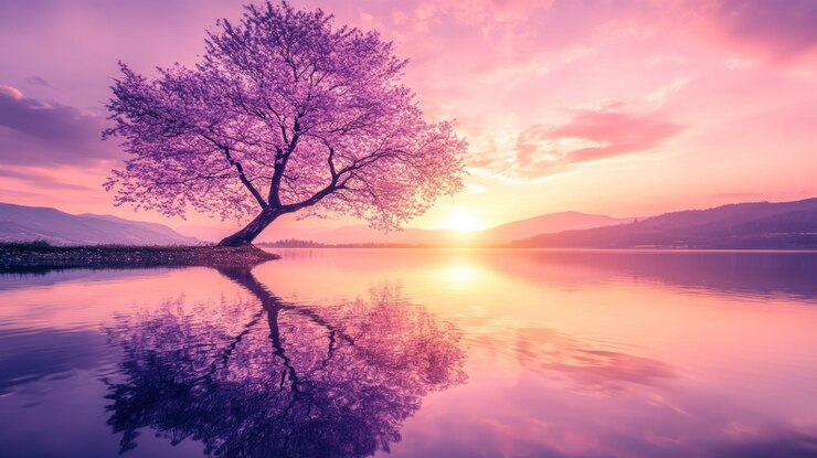 PSD un coucher de soleil serein sur un lac avec un arbre en fleurs