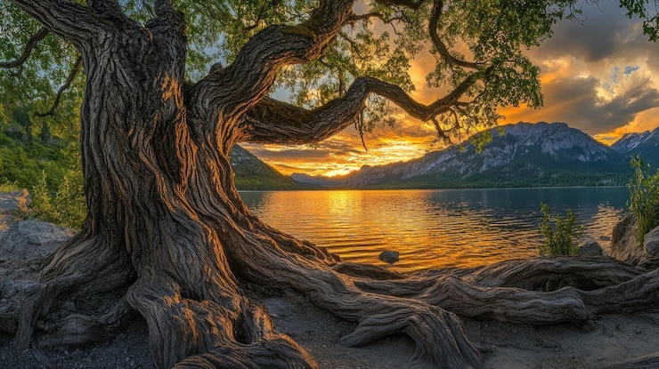 PSD un coucher de soleil serein sur un lac avec un arbre majestueux