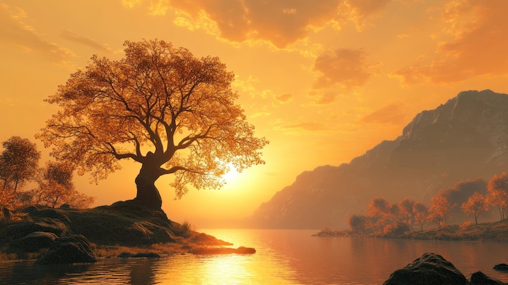 PSD un coucher de soleil serein sur un lac et un arbre tranquilles