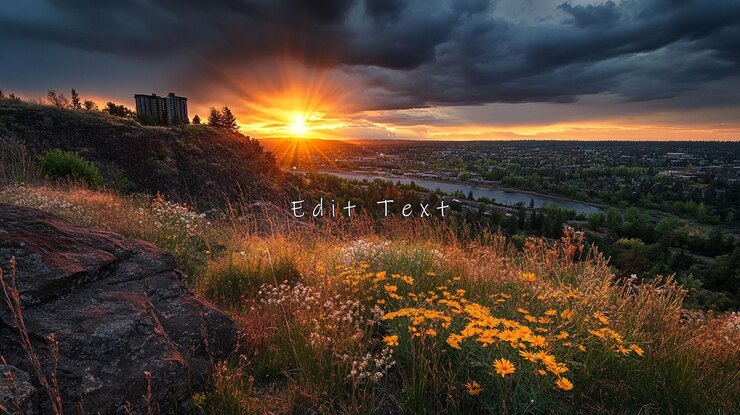 PSD un coucher de soleil spectaculaire sur l'horizon de la ville, des fleurs sauvages au premier plan.