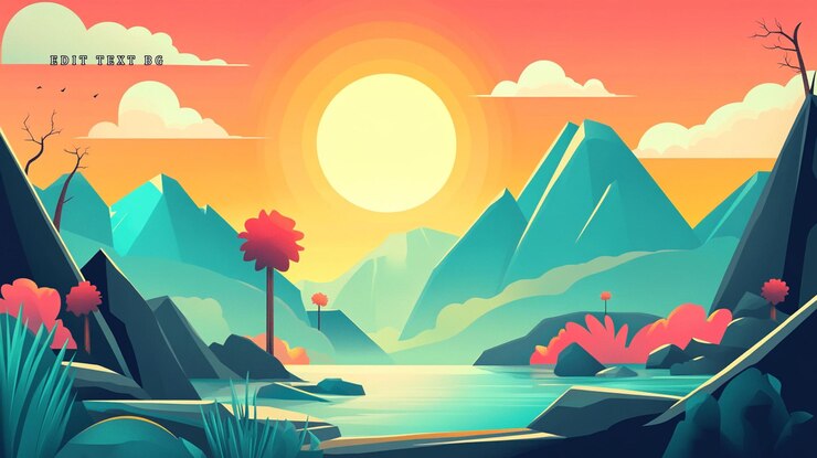 PSD un coucher de soleil vibrant sur des montagnes stylisées et une rivière calme