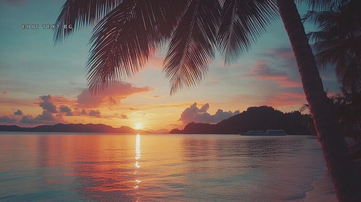 PSD le coucher de soleil vibrant sur l'océan tropical avec la silhouette d'un palmier