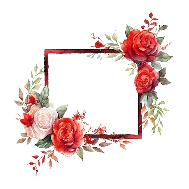 PSD couleur de l'eau de carte de mariage de cadre carré floral rose rouge