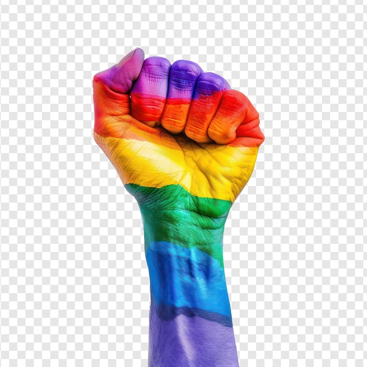 PSD la couleur de la fierté de l'arc-en-ciel colorée le poing de la main soulevé isolé sur un fond transparent psd