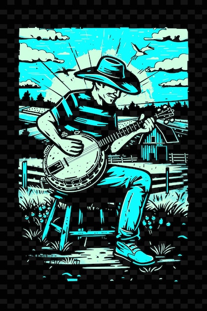 PSD country-musiker spielt banjo auf einer farm mit scheunen und ha-vektor-illustration musikposter-idee