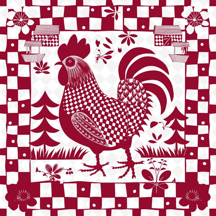 PSD country rooster outline with checkered pattern and barn ins illustration decor motifs collection