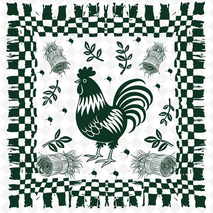 PSD country rooster outline with checkered pattern and barn ins illustration decor motifs collection