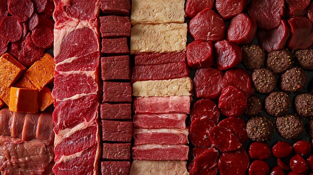 Coupes de viande crue assorties de différents types disposées en rangées et en colonnes