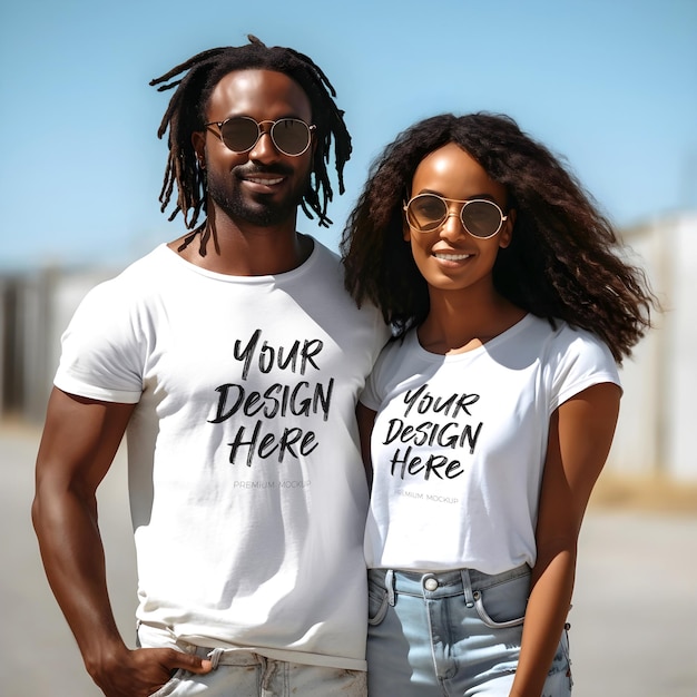 Un Couple Afro En T-shirt Blanc Correspondant à Une Maquette Psd En Plein Air Par Temps Ensoleillé