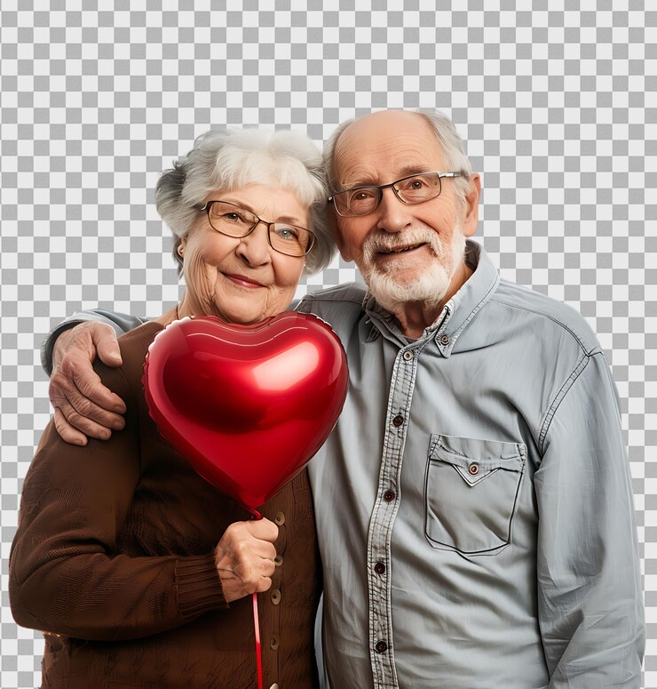 PSD un couple âgé avec un ballon en forme de cœur sur un fond transparent