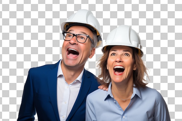 Un couple d'âge moyen avec une casquette de travailleur sur un fond de clé chrome isolé