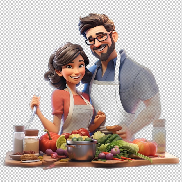 PSD un couple américain cuisinant en 3d sur un fond transparent de style dessin animé