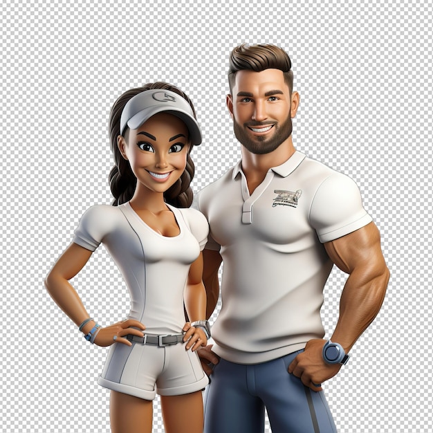 PSD un couple américain faisant du gymnase en 3d sur un fond transparent dans le style des dessins animés