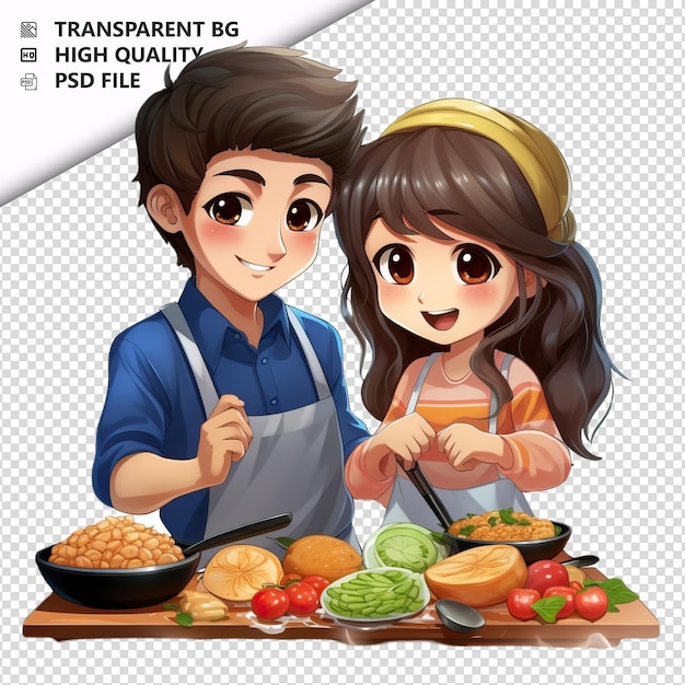 Couple Asiatique Cuisinant En 3d Sur Fond Blanc Dans Le Style De Dessin Animé