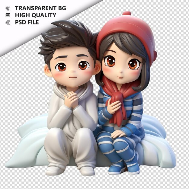 PSD un couple asiatique malade en 3d dans le style de dessin animé sur fond blanc