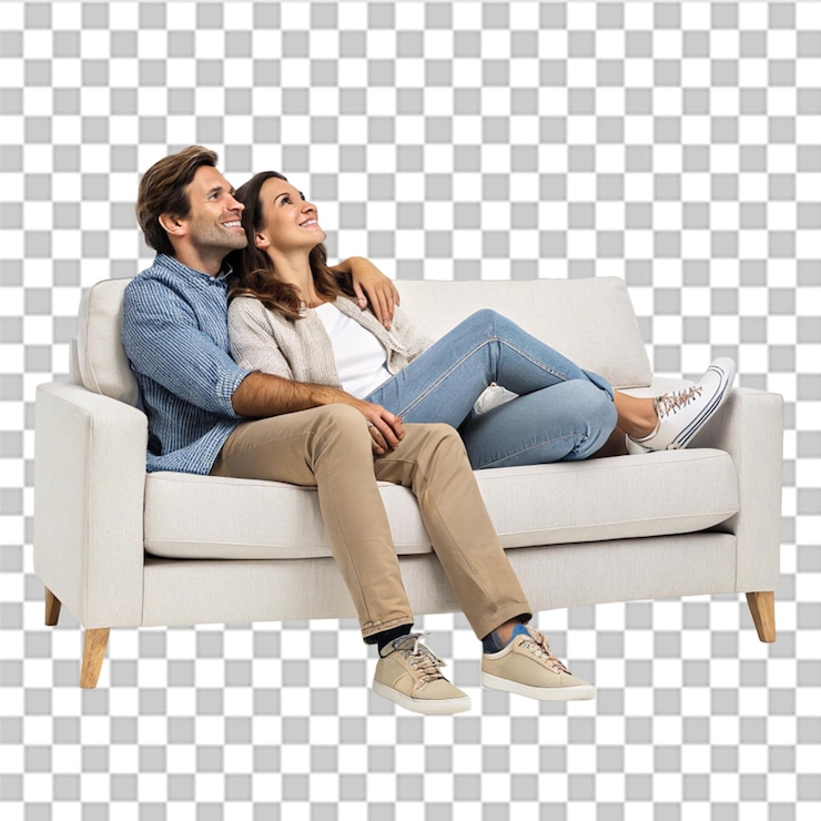 PSD un couple assis sur un canapé isolé sur un fond transparent