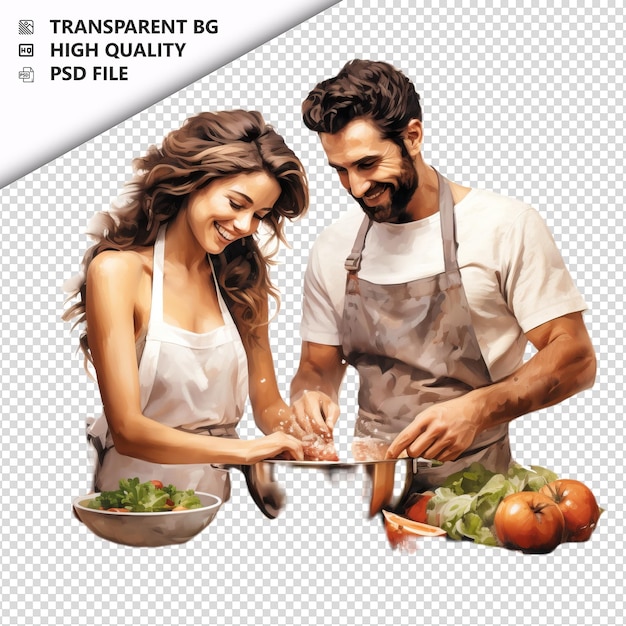 PSD couple blanc cuisinant style ultra réaliste fond blanc