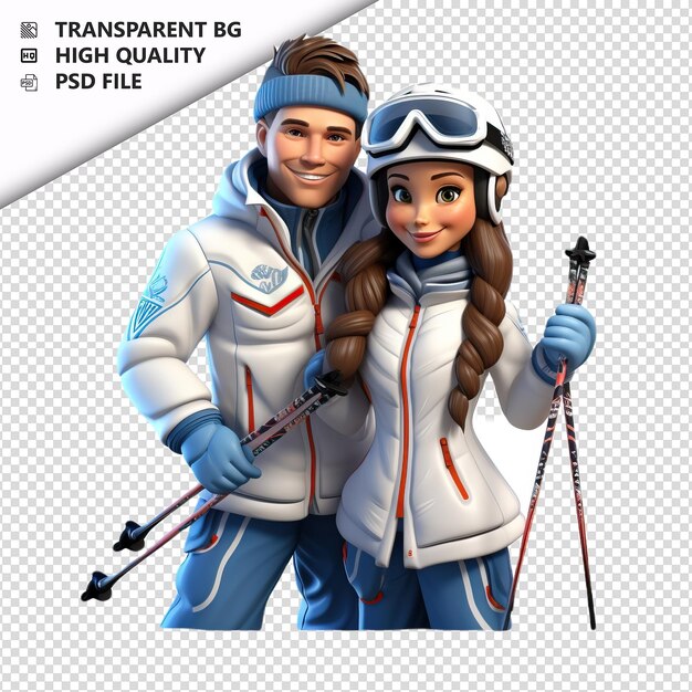 PSD couple blanc en ski 3d dans le style de dessin animé avec un fond blanc iso