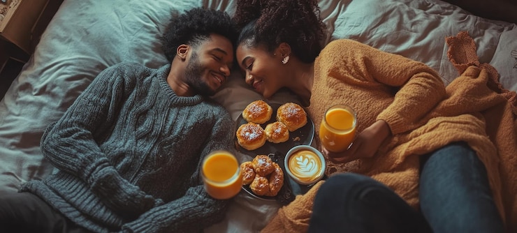 PSD un couple confortable prend son petit déjeuner au lit