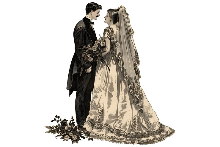 PSD un couple dans une robe de mariée et un costume pose pour une photo