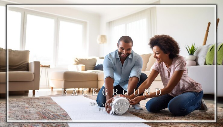 PSD un couple déroule un nouveau tapis dans son salon