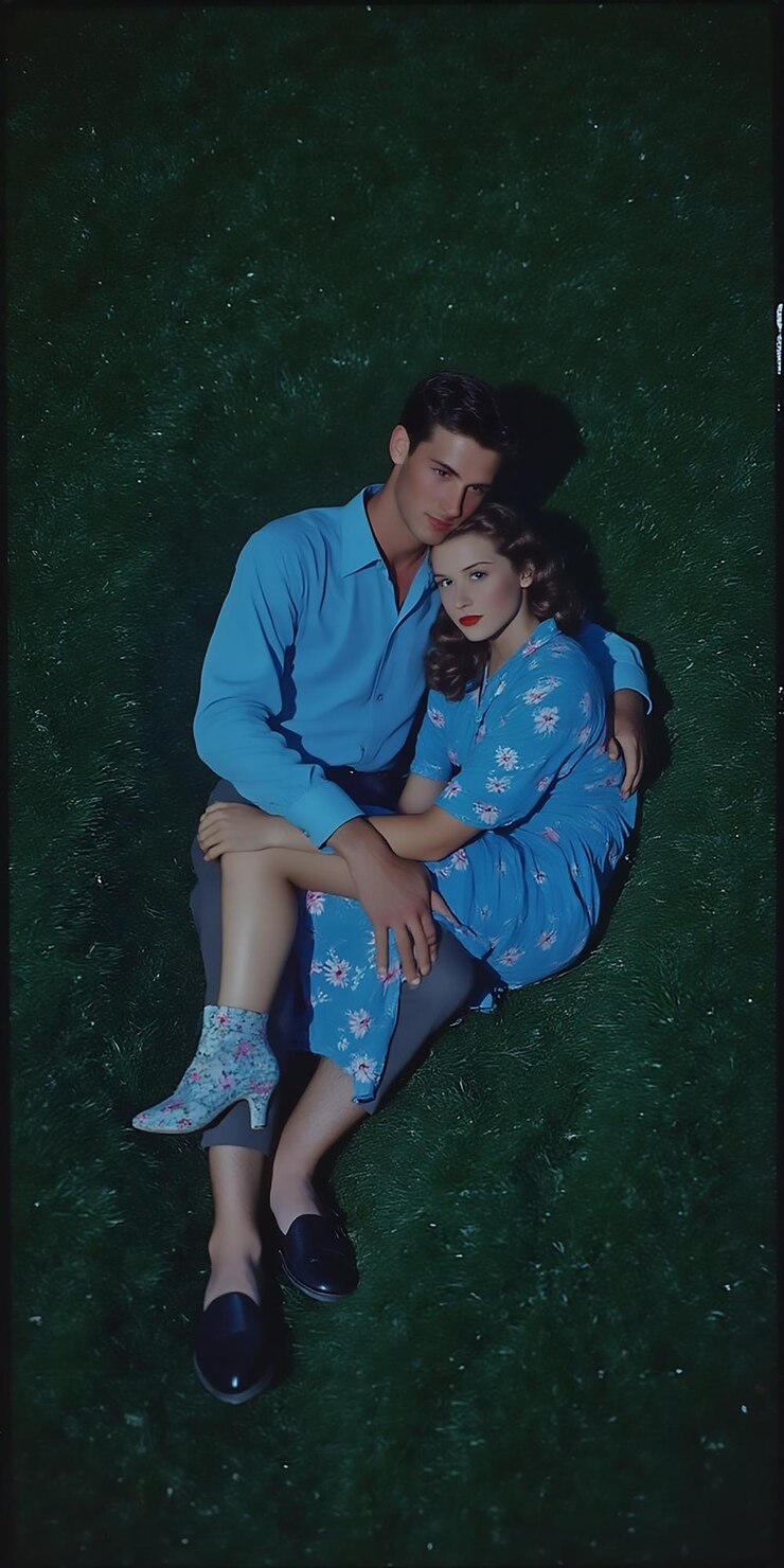 PSD couple embracing each other while sitting on soft grass