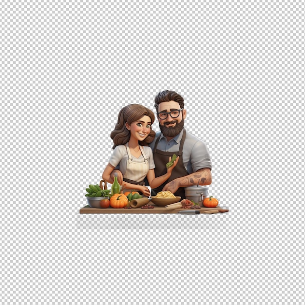 PSD un couple européen cuisinant en 3d sur un fond transparent de style dessin animé