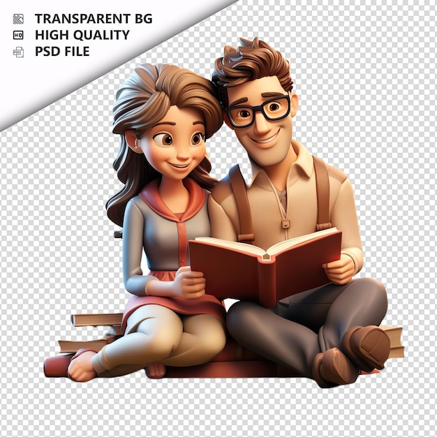 PSD couple européen lisant en 3d sur fond blanc dans le style de dessin animé