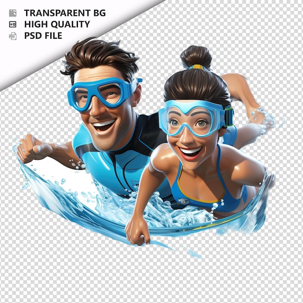 PSD couple européen nageant en 3d sur fond blanc dans le style des dessins animés