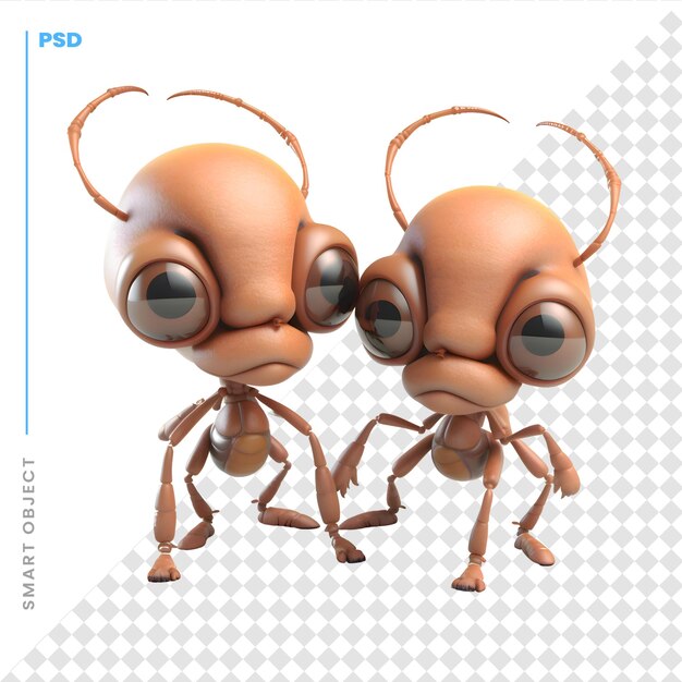 PSD couple de fourmis de dessin animé sur un fond blanc rendu 3d