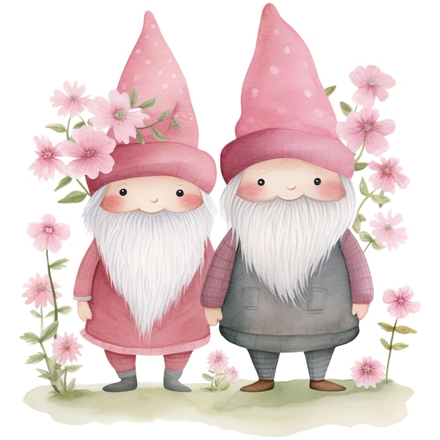 PSD couple de gnomes roses aquarelle mignonne avec une fleur dans le thème de la saint-valentin