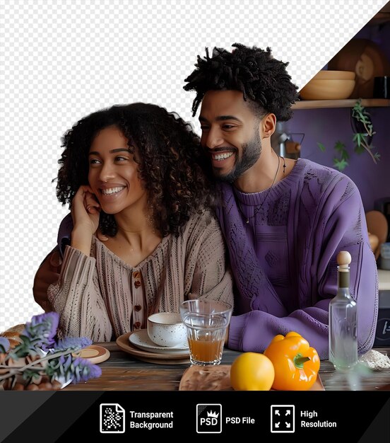 PSD couple heureux et paisible à la table dans la cuisine png