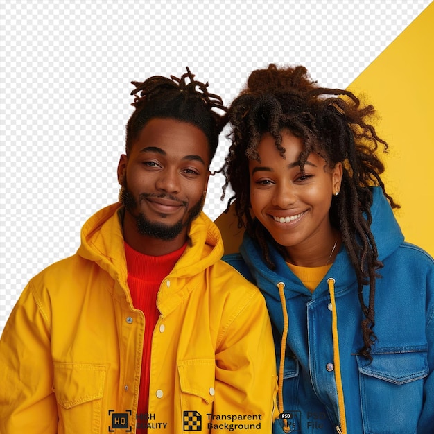 PSD un couple heureux posant pour une photo devant un mur jaune avec l'homme portant une veste bleue et la femme portant des cheveux noirs bouclés et un sourire png