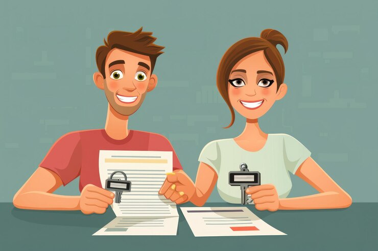 PSD un couple heureux tenant des clés et des papiers après avoir signé un contrat d'achat de maison