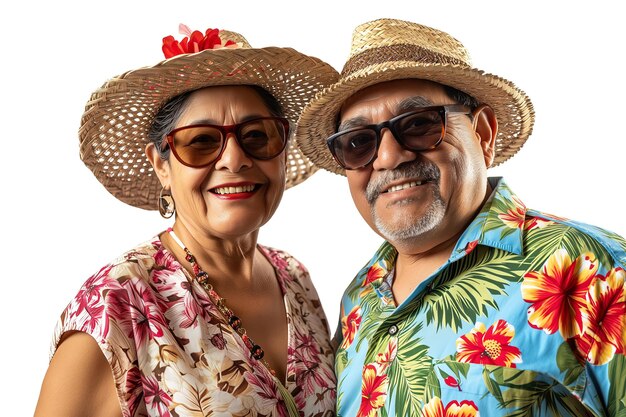 PSD couple hispanique joyeux dans des tenues d'été florales arrière-plan transparent