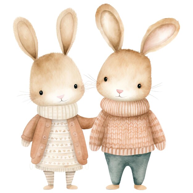 Couple De Lapins De Noël à L'aquarelle Clipart Dans Les Tons De La Terre