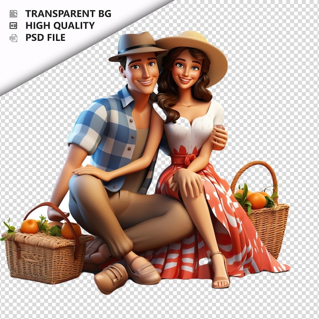 PSD couple latin en pique-nique en 3d sur fond blanc dans le style de dessin animé