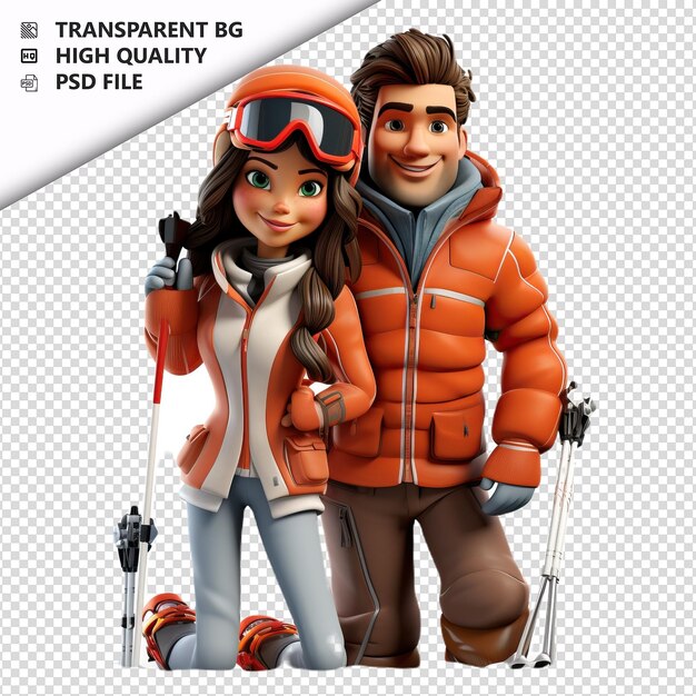 PSD couple latin de ski 3d de style dessin animé à fond blanc iso