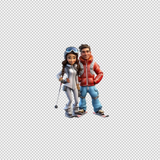 PSD couple latin skiant en 3d dans le style de dessin animé