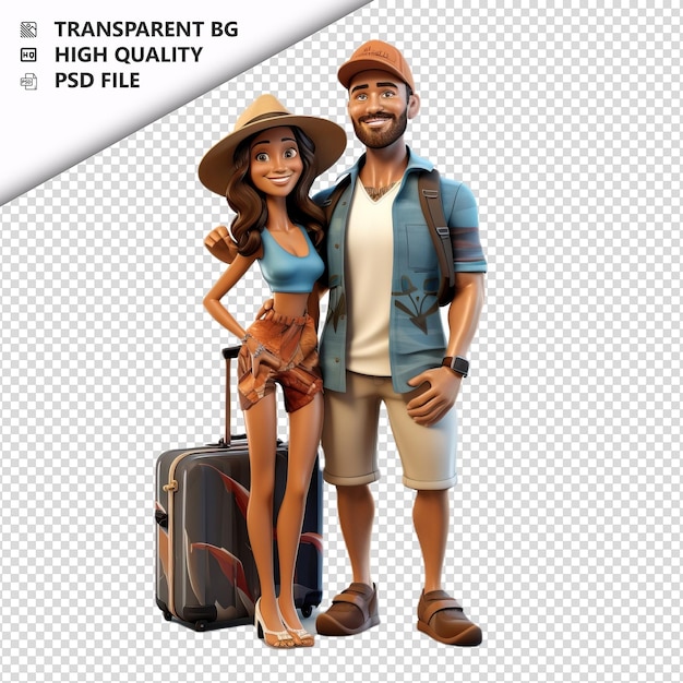 PSD couple latin voyageant en 3d sur fond blanc dans le style de dessin animé