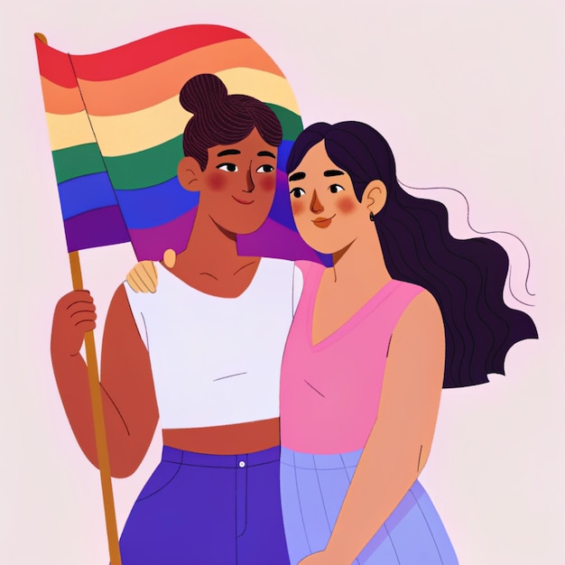 Un Couple De Lesbiennes Avec Un Drapeau Lgbt Illustré