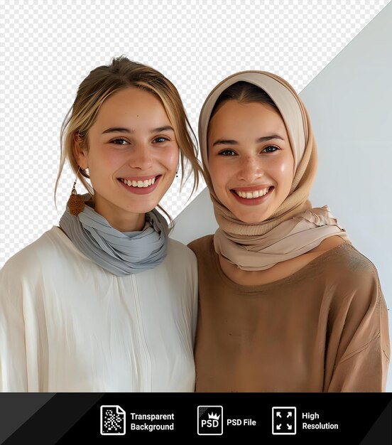 PSD un couple de lesbiennes souriant devant un mur blanc avec la femme portant une chemise brune et une écharpe grise et l'homme portant une camisa blanche et une écarte grise la femme a des cheveux blonds png