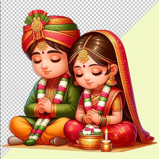 Un couple de mariés indiens portant un saree en soie et un sherwani